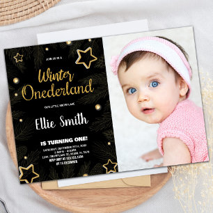 Winter ONEderland Birthday Invitations Black Photo