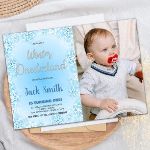 Winter ONEderland Birthday Invitations Blue Photo