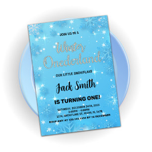 Winter Onederland Birthday Invitations Blue Silver