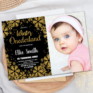 Winter ONEderland Birthday Invitations Gold Photo