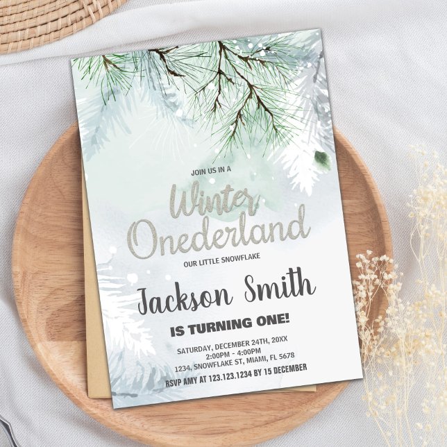 Winter ONEderland Birthday Invitations Pine Green (Winter ONEderland Birthday Invitations Pine Green)