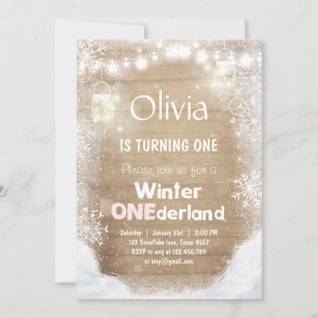 Winter Onederland birthday invite Snow pink Rustic (Front)