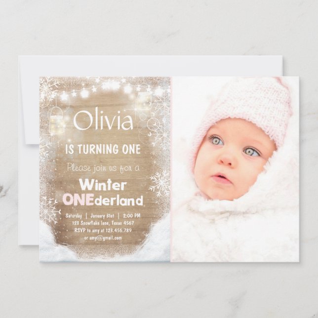 Winter Onederland birthday invite Snow pink Rustic (Front)