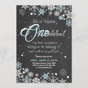 Winter Onederland birthday party invite Blue white