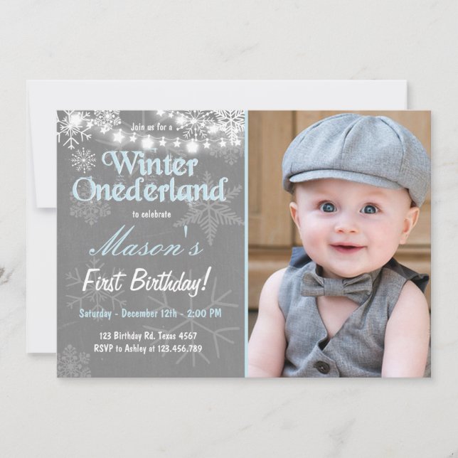 Winter Onederland birthday party invite Boy Blue (Front)