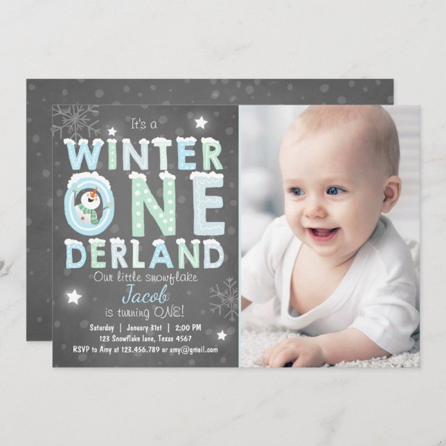 Winter Onederland birthday party invite Boy Blue (Front/Back)