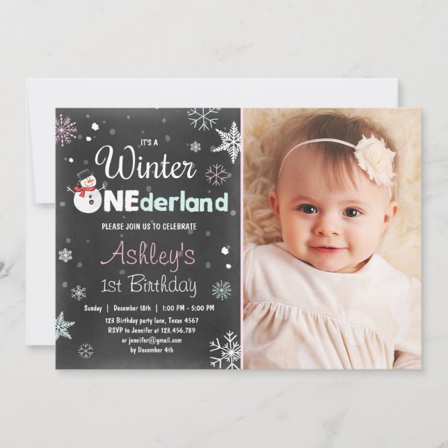 Winter Onederland birthday party snowman Mint Pink Invitation (Front)