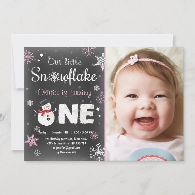 Winter Onederland birthday party snowman Pink Invitation (Front)
