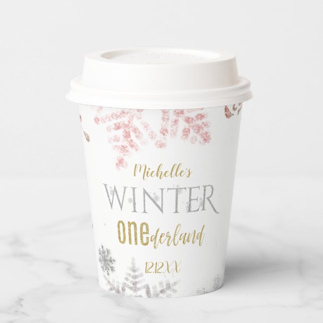 Winter Onederland Birthday Pink Gold Snowflake Paper Cups (Left)