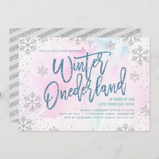 Winter ONEderland Birthday Silver Blue Glitter Invitation (Front/Back)