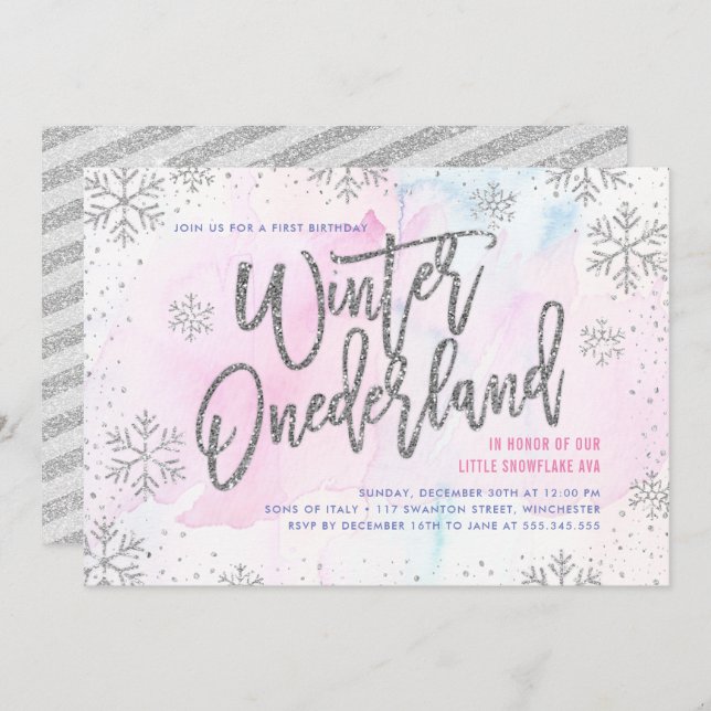Winter ONEderland Birthday Silver Glitter Invitation (Front/Back)