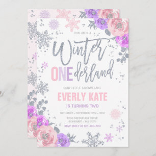 Winter ONEderland Birthday Silver Pink Snowflake Invitation