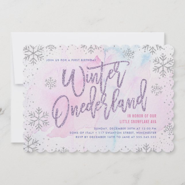 Winter ONEderland Birthday Silver Purple Pink Invitation (Front)