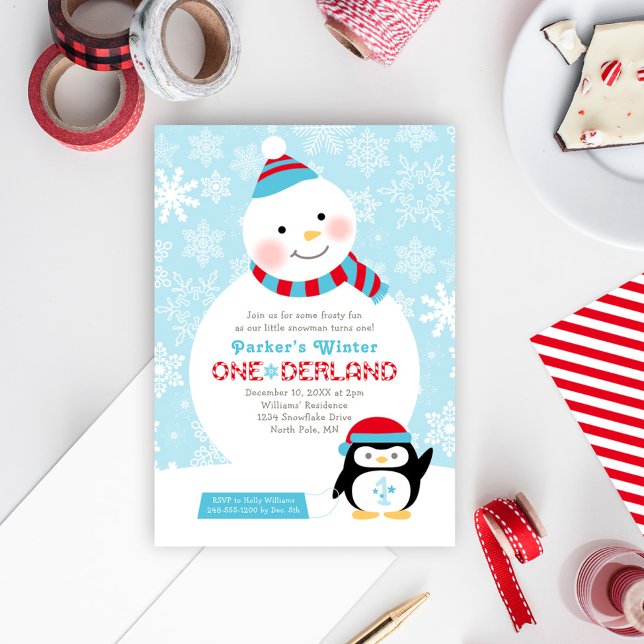 Winter ONEderland Birthday Snowman and Penguin Invitation (Creator Uploaded)
