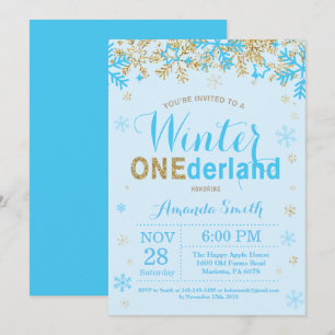 Winter Onederland Blue and Gold Boy 1st Birthday Invitation