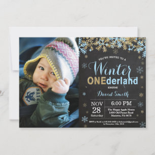 Winter Onederland Blue and Gold Boy 1st Birthday Invitation