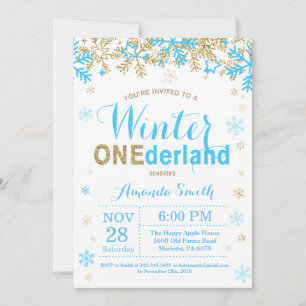Winter Onederland Blue and Gold Boy 1st Birthday Invitation