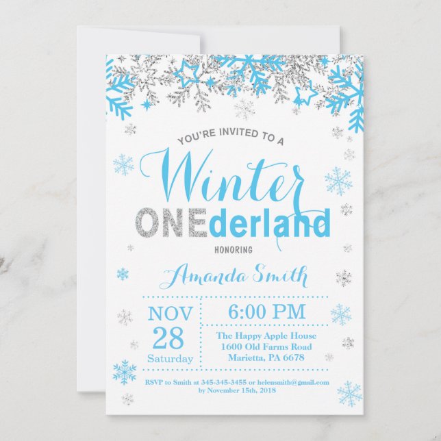 Winter Onederland Blue and Silver Boy 1st Birthday Invitation (Front)