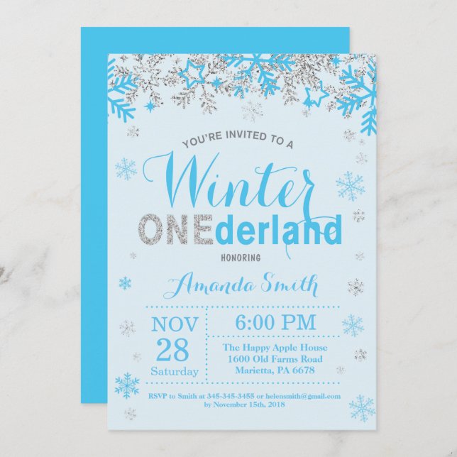 Winter Onederland Blue and Silver Boy 1st Birthday Invitation (Front/Back)