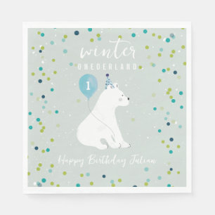 Winter Onederland Blue Birthday Balloon Polar Bear Napkin