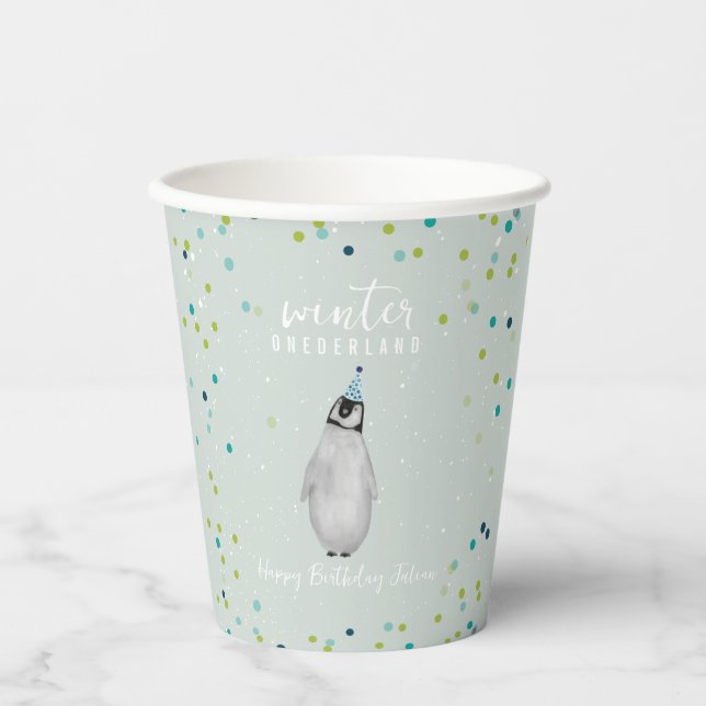 Winter Onederland Blue Birthday Penguin Confetti Paper Cups (Front)
