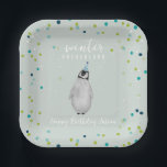 Winter Onederland Blue Birthday Penguin Confetti Paper Plate<br><div class="desc">Winter Onederland first birthday party theme featuring penguin in blue party hat over light blue background with snow speckle and confetti.</div>