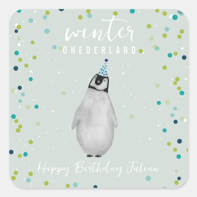 Winter Onederland Blue Birthday Penguin Confetti Square Sticker (Front)