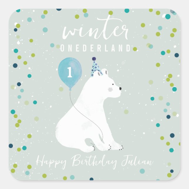 Winter Onederland Blue Birthday Polar Bear Snow Square Sticker (Front)