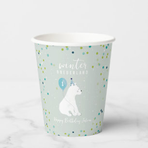 Winter Onederland Blue Birthday Snow Polar Bear Paper Cups