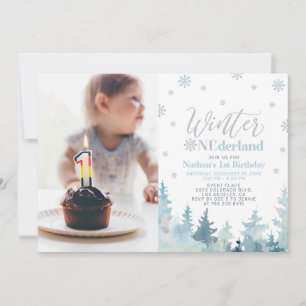 Winter Onederland Blue Boy 1st Birthday Photo Invitation