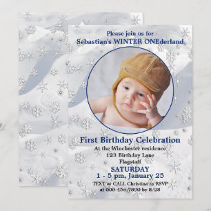 Winter ONEderland Blue First Birthday Snowflake Invitation