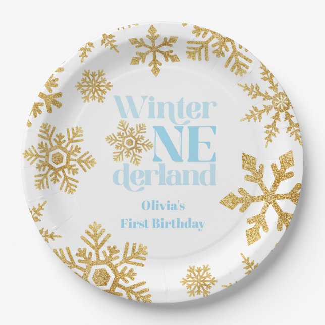Winter Onederland Blue Gold Snowflake 1st Birthday Paper Plate (Front)