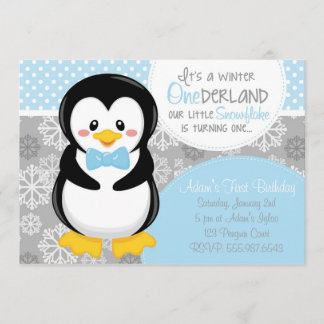 Winter ONEderland Blue Penguin Invitation