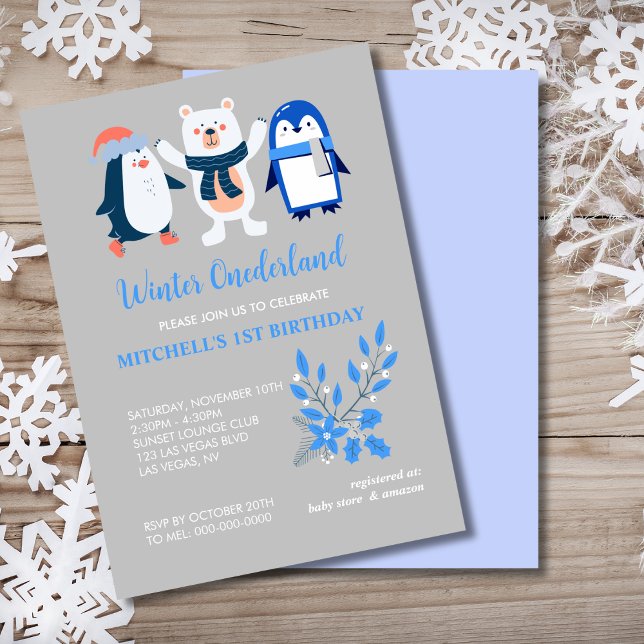 Winter onederland blue penguin polar bear  invitation (Creator Uploaded)