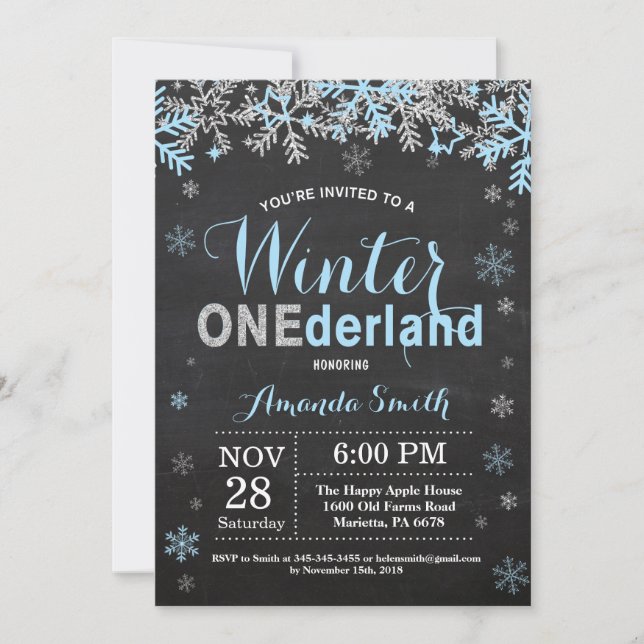 Winter Onederland Blue Silver Boy 1st Birthday Invitation (Front)