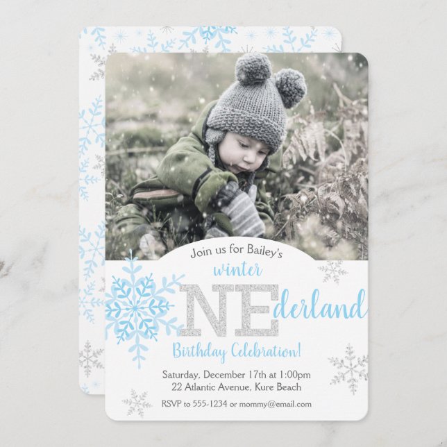 Winter ONEderland Blue Silver Glitter 1st Birthday Invitation (Front/Back)