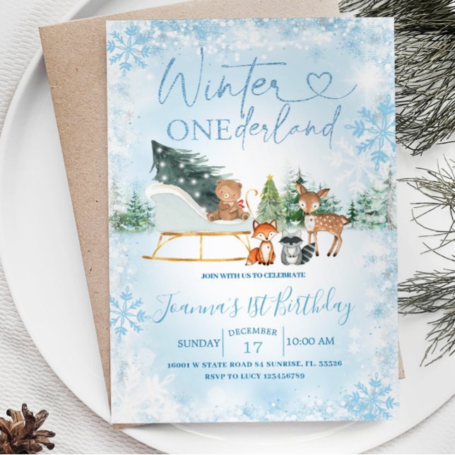 Winter Onederland Blue Snowflake Animal Birthday Invitation (Creator Uploaded)