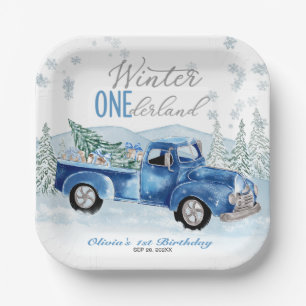 Winter Onederland Blue Truck First Birthday Paper Plate