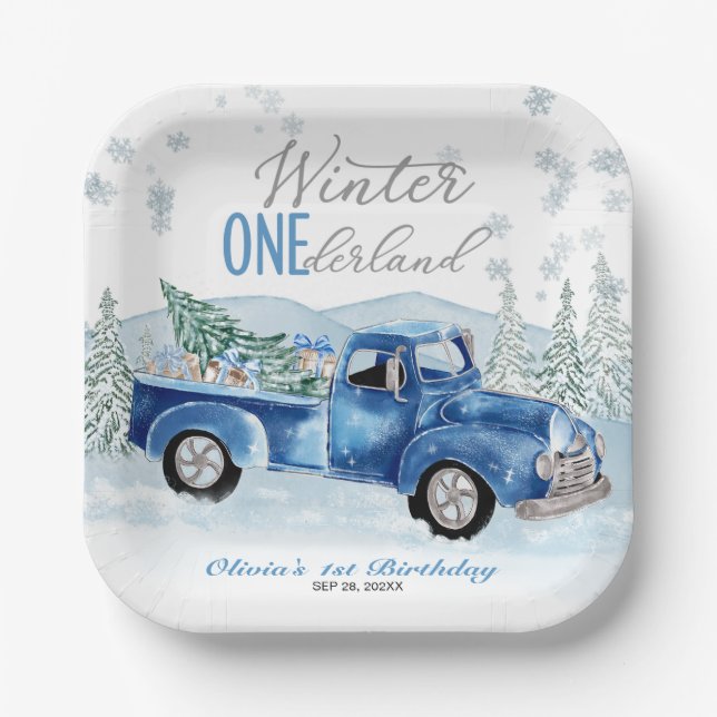 Winter Onederland Blue Truck First Birthday Paper Plate (Front)