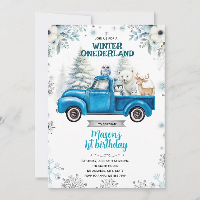 Winter Onederland blue truck invitation (Front)