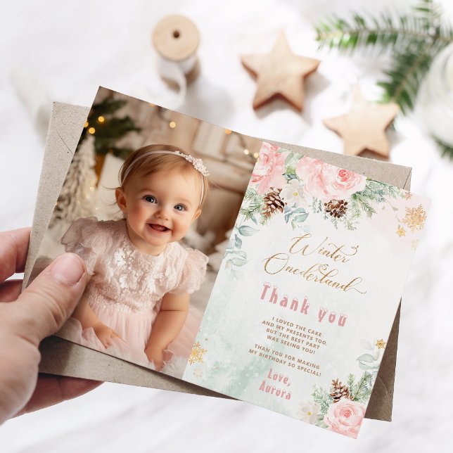 Winter Onederland blush pink photo thank you card (Creator Uploaded)