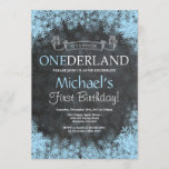 Winter Onederland Boy 1st Birthday Invitation<br><div class="desc">Winter Onederland Boy 1st Birthday Invitation. White and Blue Snowflake. First Birthday. Boy 1st Bday Invite. Chalkboard Background. Black and White. For further customisation,  please click the "Customise it" button and use our design tool to modify this template.</div>