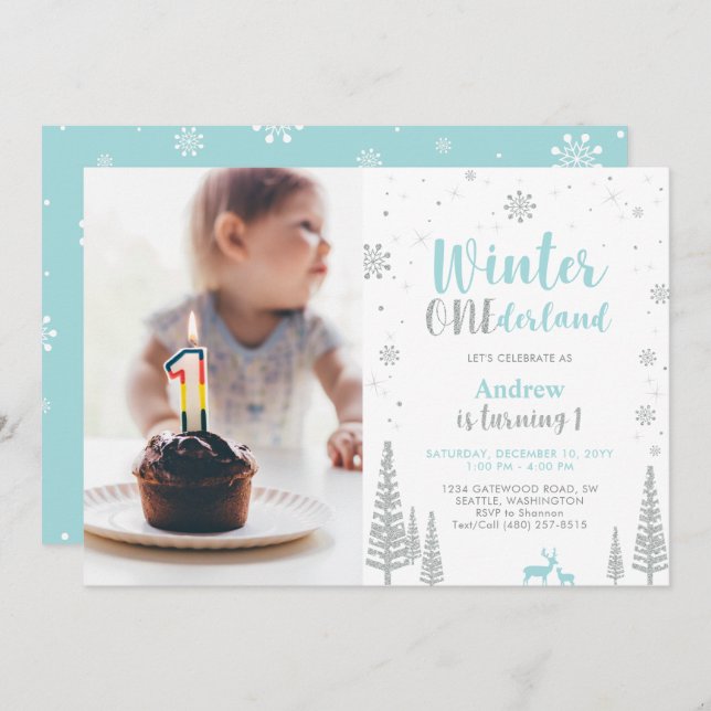 Winter Onederland, Boy 1st Photo Birthday Invitation (Front/Back)