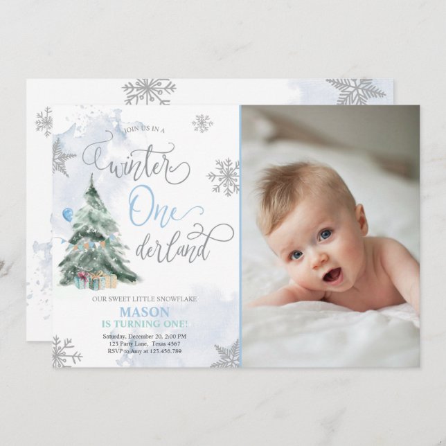 Winter Onederland Boy Blue Winter 1st Birthday Invitation (Front/Back)