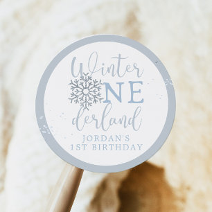 Winter Onederland Boy Favour, Blue Snowflake Classic Round Sticker