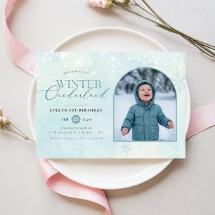 Winter Onederland Boy Girl Arch Photo 1st Birthday Invitation