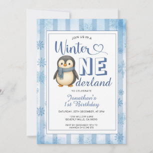 Winter Onederland Boy Penguin Birthday Snowflakes Invitation