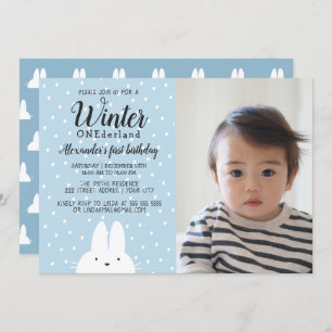 Winter ONEderland Boy Photo 1st Birthday Blue Invitation