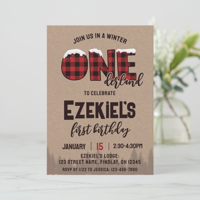 Winter ONEderland Buffalo Plaid Birthday Party Invitation (Standing Front)