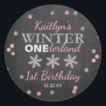 Winter ONEderland Chalkboard 1st Birthday Classic Round Sticker<br><div class="desc">Celebrate in style with these trendy 1st birthday party thank you stickers. The design is easy to personalise with your own wording and your family and friends will be thrilled when they see these fabulous stickers.</div>